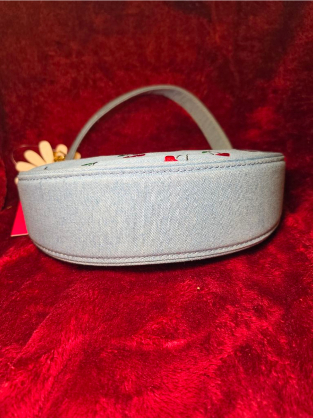 Betsey Johnson Light Blue Cherry Denim Shoulder Bag w/ Daisy Charm - Picture 5 of 6